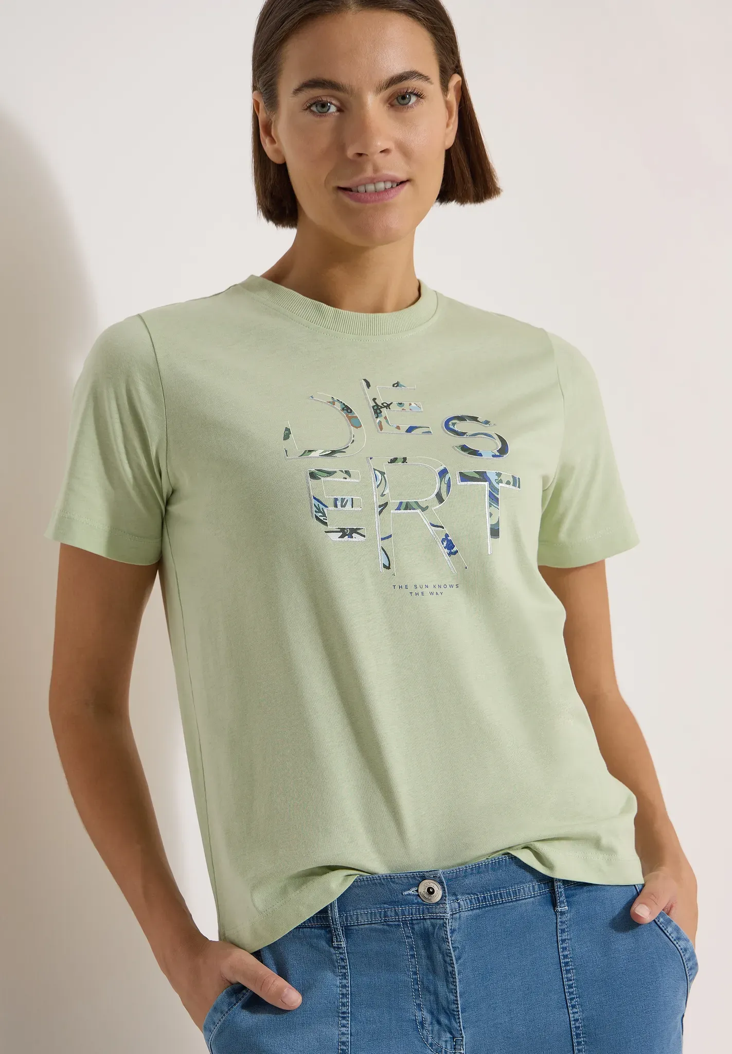T-Shirt CECIL, Damen, Gr. 3XL, raw matcha lime, Web, 100% Baumwolle, bedruckt, normal normal, Rundhals, abgesteppt, Shirts T-Shirt, aus reiner Baumwolle