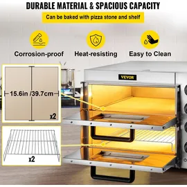 Gojoy Pizzaofen, 3000W Doppellagig Mini Pizzaofen Elektrisch, Pizza Backofen für die Gastronomie, 50-350°C Gastro Steinbackofen
