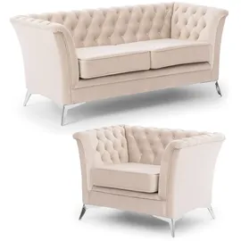 s-style möbel Polstergarnitur 2+1 Whitby aus Samt mit goldenen, silbernen oder schwarzen Füßen beige
