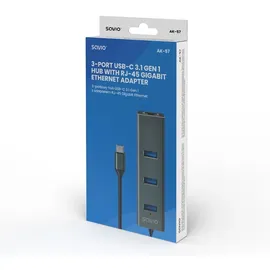 Savio USB-C Hub SAVAK-57 Aluminium 3x USB 3.1 1x RJ45 5Gbps Schwarz/Grau