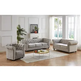 vente-unique Couchgarnitur 3+2+1 - Samt - Hellgrau - CHESTERFIELD