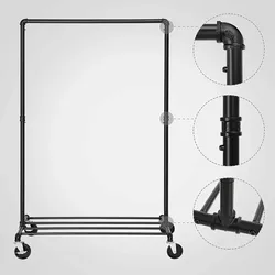 Garderobenständer, Schwerlast Metall Kleiderständer auf Rollen, 1 Kleiderstange, 1 Ablage, bis 90 kg belastbar, im Industriedesign, Schwarz