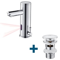 Infrarot Sensor Wasserhahn Automatik Waschtischarmatur + Ablaufgarnitur mit Überlauf, Einhandmischer Wasserhahn Bad mit Pop Up, Chrom