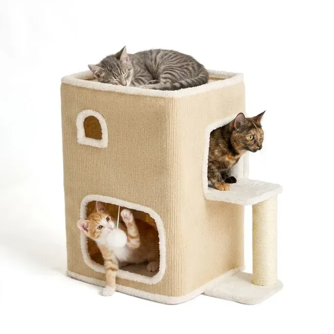 Relaxdays Katzenhaus 2 Etagen Ball & Kratzstamm Beige,Weiß