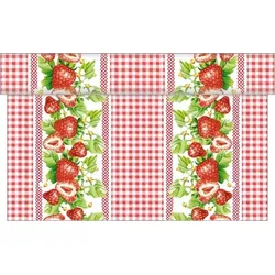 Sovie HOME Tischläufer Erdbeeren in Rot-Weiß aus Linclass® Airlaid 40 cm x 4,80 m, 1 Stück - Erdbeeren Frühling Sommer Karo Muster
