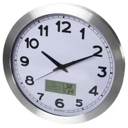 Perel Wanduhr, rund, analog, 35 cm, LCD-Display mit Thermometer, Hygrometer und Wettervorhersage, Aluminium, Silber