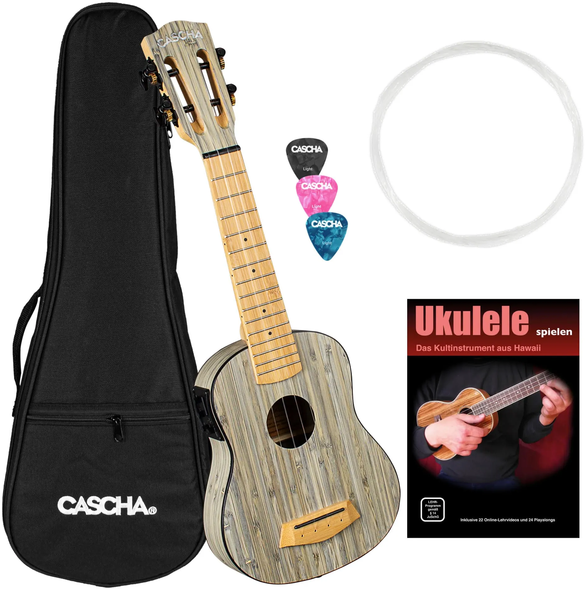 Cascha 2315E Bamboo Sopran Ukulele Graphit Set