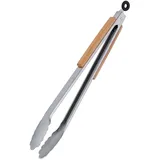 Relaxdays Grillzange, Edelstahl, Holzgriff, lange Kochzange für Grill & Küche, 38 cm, Küchenzange mit Öse, silber/natur