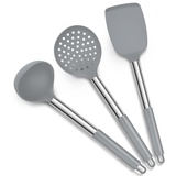 TEAMFAR Pfannenwender Set, 3 Stück Silikon Küchenhelfer Küchenutensilien mit Edelstahlgriff, Hitzebeständiger Kochutensilien Kochbesteck Set zum Kochen, Leicht zu Reinigen & Spülmaschinenfest, Grau