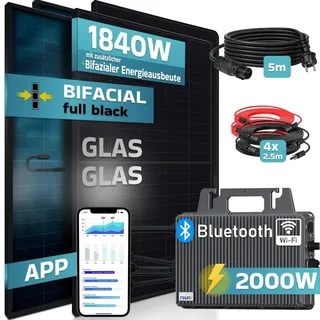 sunniva SUNNIVA® Balkonkraftwerk BIFAZIAL FULLBLACK komplett Steckdose TSUN Wechselrichter, Solaranlage, 4x 460W Glas-Glas Solarmodule, inkl. 5m Kabel, Bluetooth WIFI, Komplettset