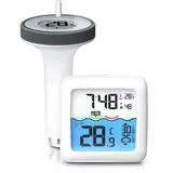 CSL - Funk Poolthermometer digital – Basisstation mit Schwimmer – Wassertemperatur Innentemperatur Luftfeuchtigkeit - DCF Uhrzeit – Pool Thermometer schwimmend