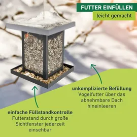 WINDHAGER Vogelfuttersilo View, Vogelfuttersilo, Vogelhaus, Futterspender für Vögel, modernes Vogelhäuschen, 16 x 16 x 17,5 cm, 07015, Schwarz/Silber