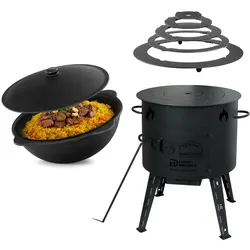 4BIG.fun Utschak Feuerofen Ø44 cm 2 mm Stahl Adapter-Ringe 16L Kazan Usbekisch Uchag Kasan Kochen im Freienofen Außenküche Eintopfofen