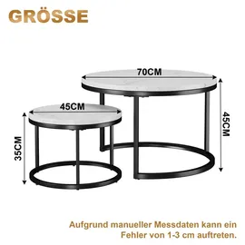 stilvora Couchtisch-Set 2-teilig rund,Wohnzimmertisch mit rutschfesten Fußpads, Beistelltisch mit Metallrahmen und Tischplatte Steinoptik - Schwarz