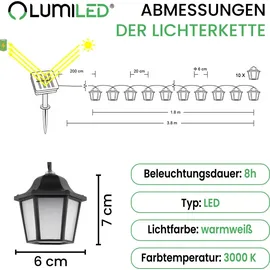 Lumiled Lichterkette Laterne Solar außen 10 Laterne LEDs 3,8 Meter Warmweiß 3000K Solarlichterkette Laternen Outdoor Lichterketten Hochzeit Balko... - Schwarz
