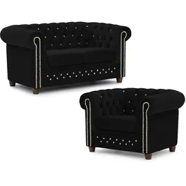 S-Style Chesterfield Polstergarnitur 2+1 Cleo Blink ¦ schwarz ¦ Maße (cm): B: 148 H: 72