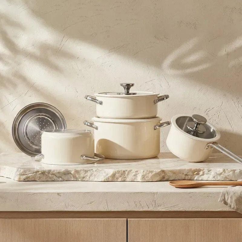 PURECOOK farbige keramische Beschichtung Edelstahl 304 4-teiliges Kochgeschirr-Set 16cm Milchtopf, 18cm Eintopf mit Dampfeinsatz, 22cm Hot Pot, 24cm Brühe Topf - Beige Keramikbeschichtung, mehrschichtiges Bodenmaterial, wärmeleitende Silikonglasdeckel, Edelstahl 304