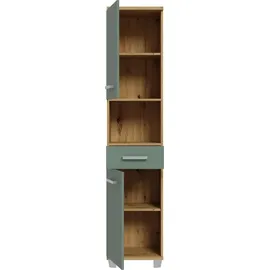Forte VERIS Badschrank 40, hoher Badezimmerschrank mit 2 Türen, 1 Schublade und 1 offenem Fach, Holzwerkstoff, Salbei mit Artisan Eiche Holzdekor, 40,2 cm breit x 186,8 cm hoch x 34,8 cm tief