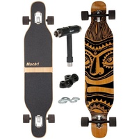 Mach1 Longboard aus Bambus mit Keramik Kugellager - Camber Drop Through Cruiser Board (Spar-Set inkl. T-Tool und extra Bushings, Longboard + T-Tool + 4er Set 85A Bushings), Twin Tip schwarz