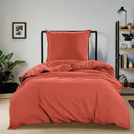 Wometo Bettwäsche Renforce Stone-Washed 135x200 & 80x80 100% Baumwolle - rot dunkelrot OEKO-TEX weich modern Used-Look Leinen-Optik