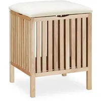 Relaxdays Wäschekorb mit Sitz, Badhocker mit Stauraum, 40 l Wäschesammler, Holz/Stoff, HBT: 51 x 41 x 41 cm, natur/weiß