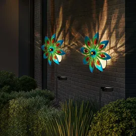 GLOBO Gartendeko Windrad LED Solarlampe Terrassenlampe bunt Außenlampe Erdspieß, Metall kupferfarben, Bruchglas, Warmweiß, Lxh 20x50 cm