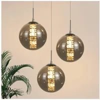 ZMH Pendelleuchte LED Höhenverstellbar Kronleuchter Glas Wohnzimmerlampe, LED wechselbar, Warmweiß, 3-Flammig grau