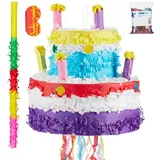 relaxdays Papierdekoration 4-tlg. Pinata Set Geburtstagstorte blau|gelb|lila
