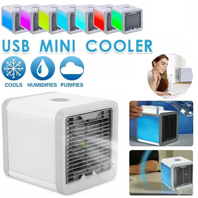 Mini tragbare Klimaanlage 3-in-1: Kühlen, Befeuchten, Luftreinigung mit 7‐farbigem LED‐Licht, USB