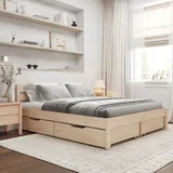 Hansales Seniorenbett 160x200 cm Külli mit Zwei Unterbettboxen, Bettgestell aus massivem FSC® Birken Holz ohne Rollrost in Naturfarbe, belastbar bis 350 kg - Doppelbettgestell mit Kopfteil