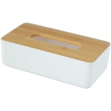 WENKO Kosmetiktuchbox Rotello, Box für Kosmetiktücher oder Taschentücher, Kunststoffbox mit Deckel aus Bambus, leichte Entnahme, zum Verstauen handelsüblicher Pappboxen,8.0 x24.2x13.0 cm,Weiß/Natur