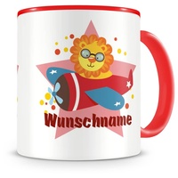 Samunshi® Kindertasse mit Namen Tasse Löwe in Flugzeug Personalisierte Tasse mit Namen Kinder Kinderbecher mit Namen Kindergarten rot 300ml