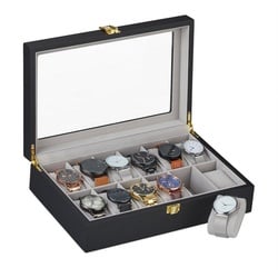 relaxdays Uhrenbox Uhrenbox mit 12 Fächern grau|schwarz