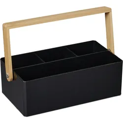 Relaxdays Organizer mit Griff, 4 Fächer, tragbar, Aufbewahrung, Bambus Henkel, Sortierbox, HBT 8,5 x 26 x 16 cm, schwarz