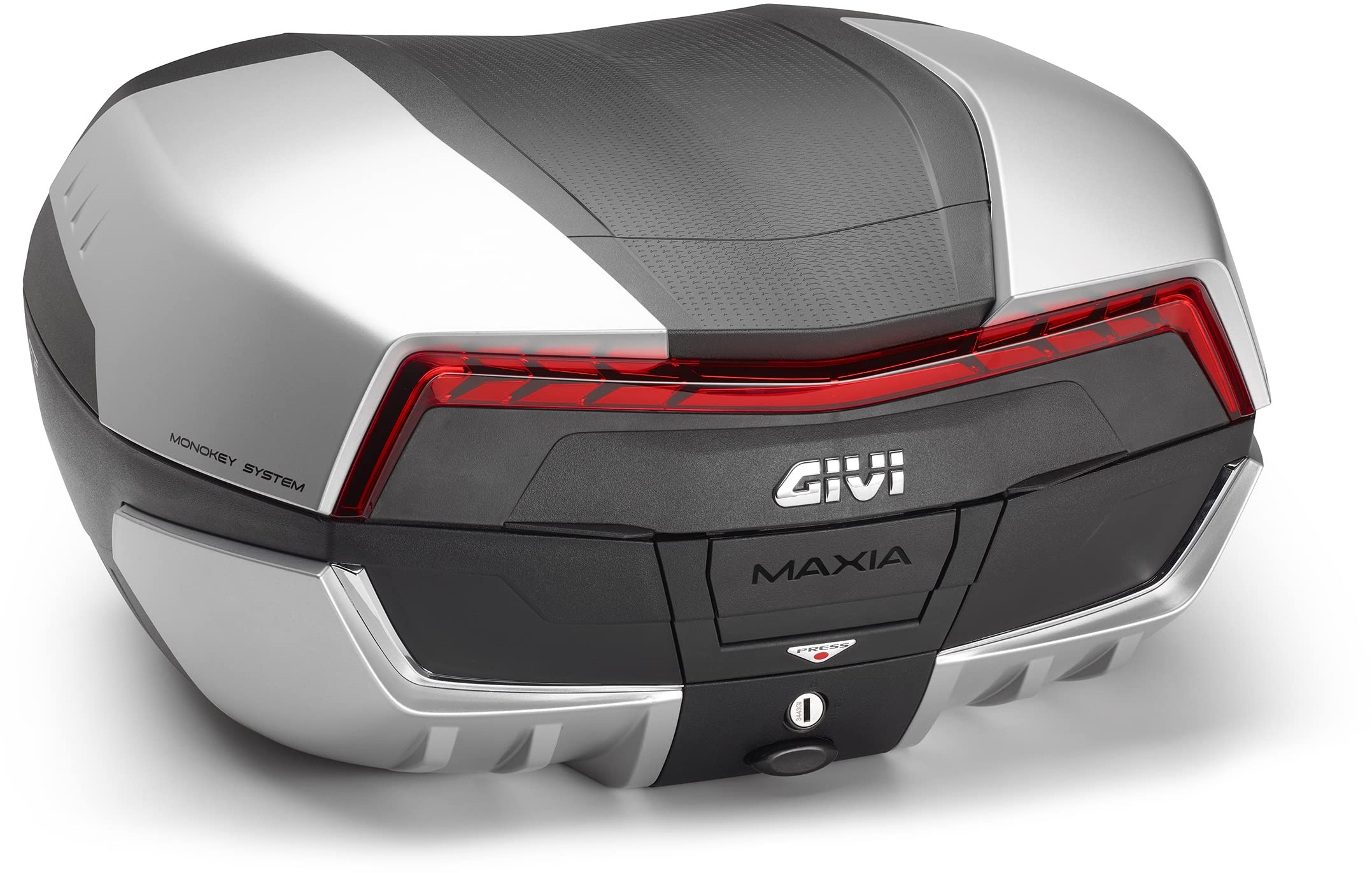 GIVI Topcase Monokey System Kofferraum V58N MAXIA 5 für Roller Motorrad 2 Helme 58 Liter Topcase hinten schwarz mit rotem Rückstrahler und vier Abdeckungen lackiert in Aluminiumfarbe