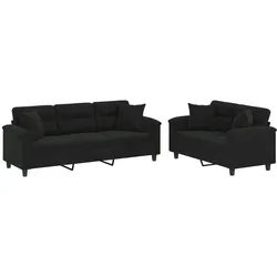 vidaXL 2-tlg. Sofagarnitur mit Kissen Schwarz Mikrofasergewebe