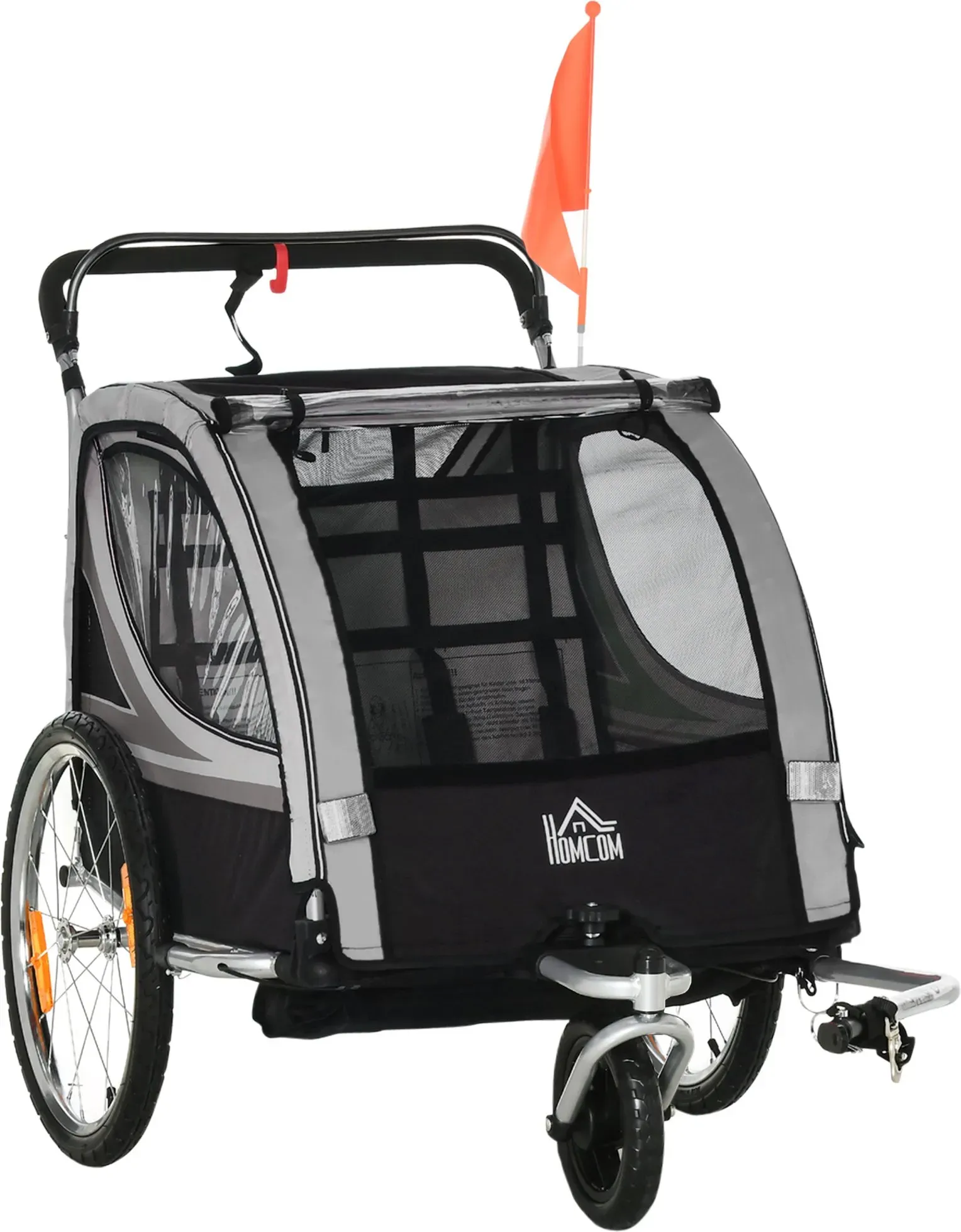 HOMCOM 2 in 1 Kinderanhänger klappbar Fahrradanhänger mit abnehmbarem Vorderrad, Hinterradbremsen, Kinderfahrradanhänger für 2 Kinder ab 18 Monate, bis 26,4 kg belastbar, Grau   Aosom