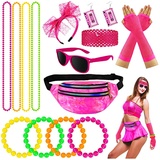 16Pcs Kostüm 80er Jahre Accessoires 90er Jahre Outfit Damen Bad Taste Outfit Damen Set Mit Spitzenstirnband Ohrringen Netzhandschuhen Neonfarbener Halskette Und Armband Für 80er Jahre Themenparty