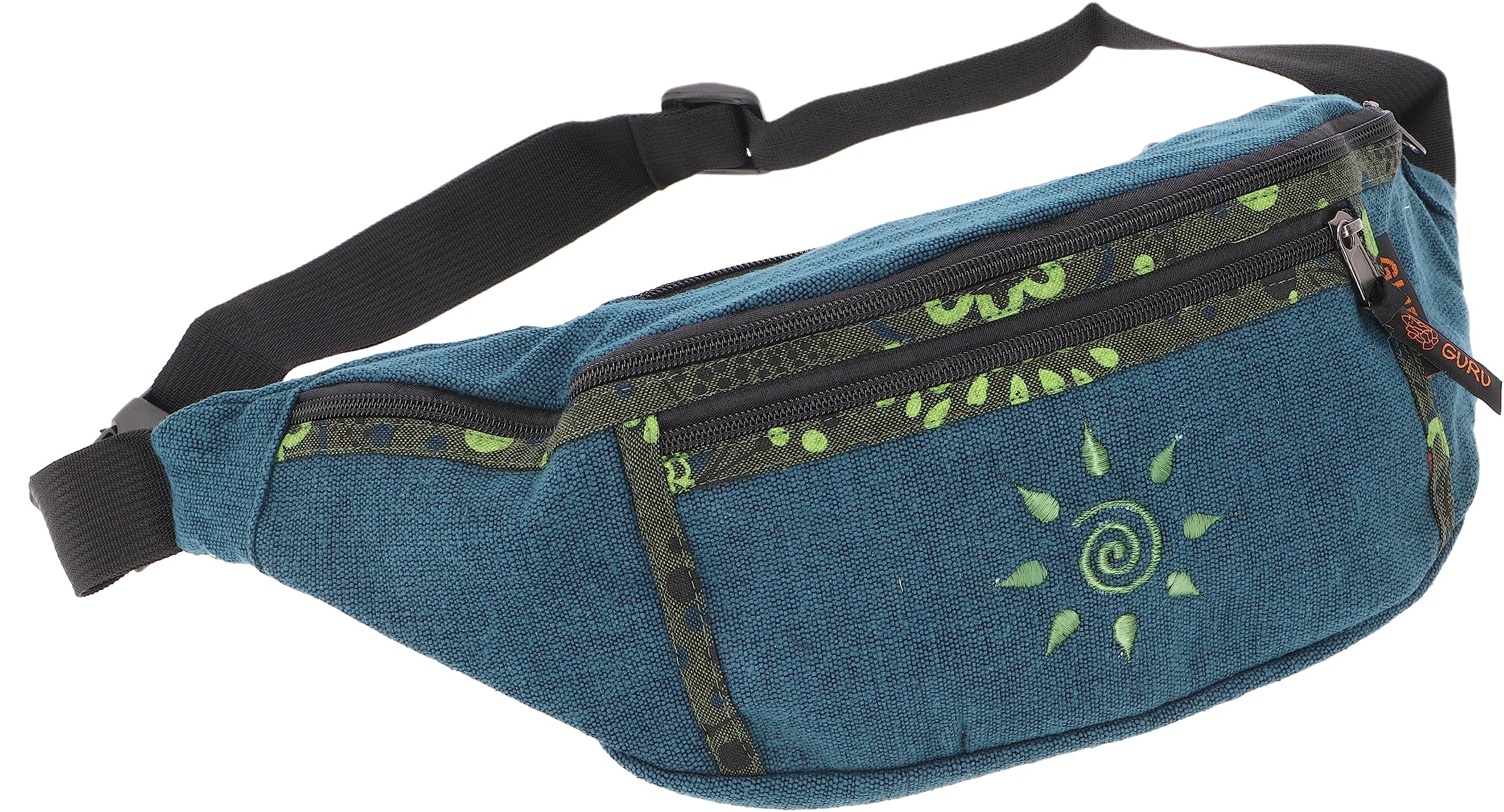 GURU SHOP Große Bestickte Stoff Gürteltasche, Crossbody Bag, Hüfttasche, Schultertasche - Petrol, Herren/Damen, Blau, Baumwolle, Size:One Size, 15x35x5 cm, Festival- Bauchtasche Hippie