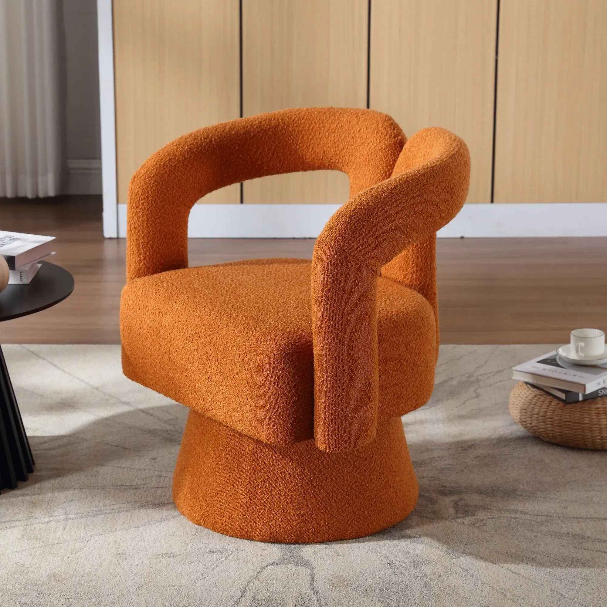 Bequemer drehbarer Bürostuhl mit Bouclé-Stoffbezug, tonnenförmiges Design für Wohnzimmer und Büro, Orange