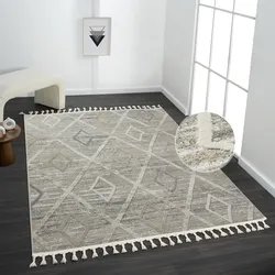 Teppich ANDAS "Otilie" Gr. 4, braun, B:160cm H:11mm L:230cm, Kunstfaser, Teppiche, dichte Qualität, Woll-Look, Boho, mit Fransen und Rauten, Scandi