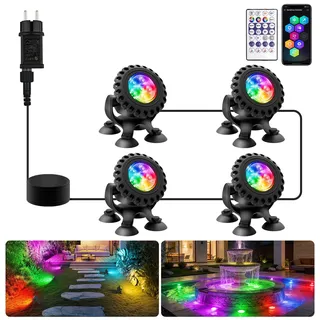 NATPOW Bluetooth APP Teichbeleuchtung LED Unterwasser, Unterwasserbeleuchtung RGB Teichlicht mit Fernbedienung, IP68 wasserdicht, Farbwechsel Gartenbeleuchtung für Garten, Patio, Baum(4 in 1)
