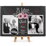 PR Print Royal Schiefertafel selbst gestalten- Fotocollage - 25 Jahre - Personalisiertes Geschenk zur Silberhochzeit mit Zwei Fotos, Namen und Datum - inkl. Holzstaffelei, 20 x 30 cm