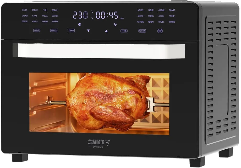 Camry CR 6323 Multifunktions-Heißluftofen 30L, Air Fryer Backofen 10-in-1 mit Grill, Drehspieß, Umluft, 24 Programmen, Touchdisplay, 2200W schwarz