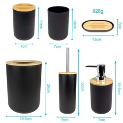 Intirilife Badezimmer Zubehör Set aus Bambus Kunststoff in Schwarz - 6 teiliges Set Zahnputzbecher Seifenschale Seifenspender Toilettenbürste Halterung Mülleimer