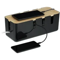 Relaxdays Kabelbox, für 2 Steckdosenleisten, Holzdeckel, Kunststoff, Kabel verstecken,