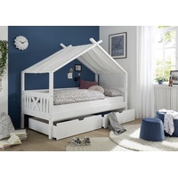 Kindermöbel 24 Hausbett Emma mit Dach - Himmelvorrichtung 90*200 cm Kiefer massiv weiß