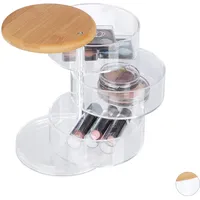 Relaxdays Make Up Organizer, rund, 3 drehbare Ebenen, für Kosmetik & Schmuck, Bambusdeckel, Kunststoff, Schminkbox, klar