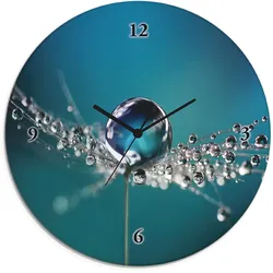 Wanduhr ARTLAND "Glasuhr rund Pusteblume Tautropfen blau", blau, B:30cm H:30cm T:1,8cm, Wanduhren, wahlweise mit Quarz- oder Funkuhrwerk, lautlos ohne Tickgeräusche