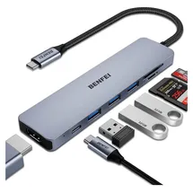 Benfei USB C HUB 7in1,USB-C HUB Multiport Adapter mit HDMI(4K@60Hz Zertifiziert)/100W Power Delivery/3*USB 3.0 5Gbps/SD/TF Card Reader(160MB/s) für iPhone 15 Pro/Max MacBook iPad Pro iMac S23 XPS17